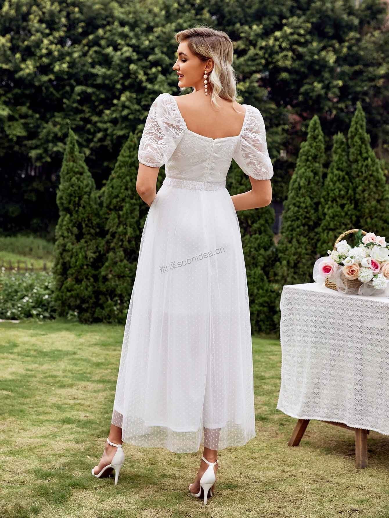 Swiss Dot Contrast Lace Mesh Wedding Dress 