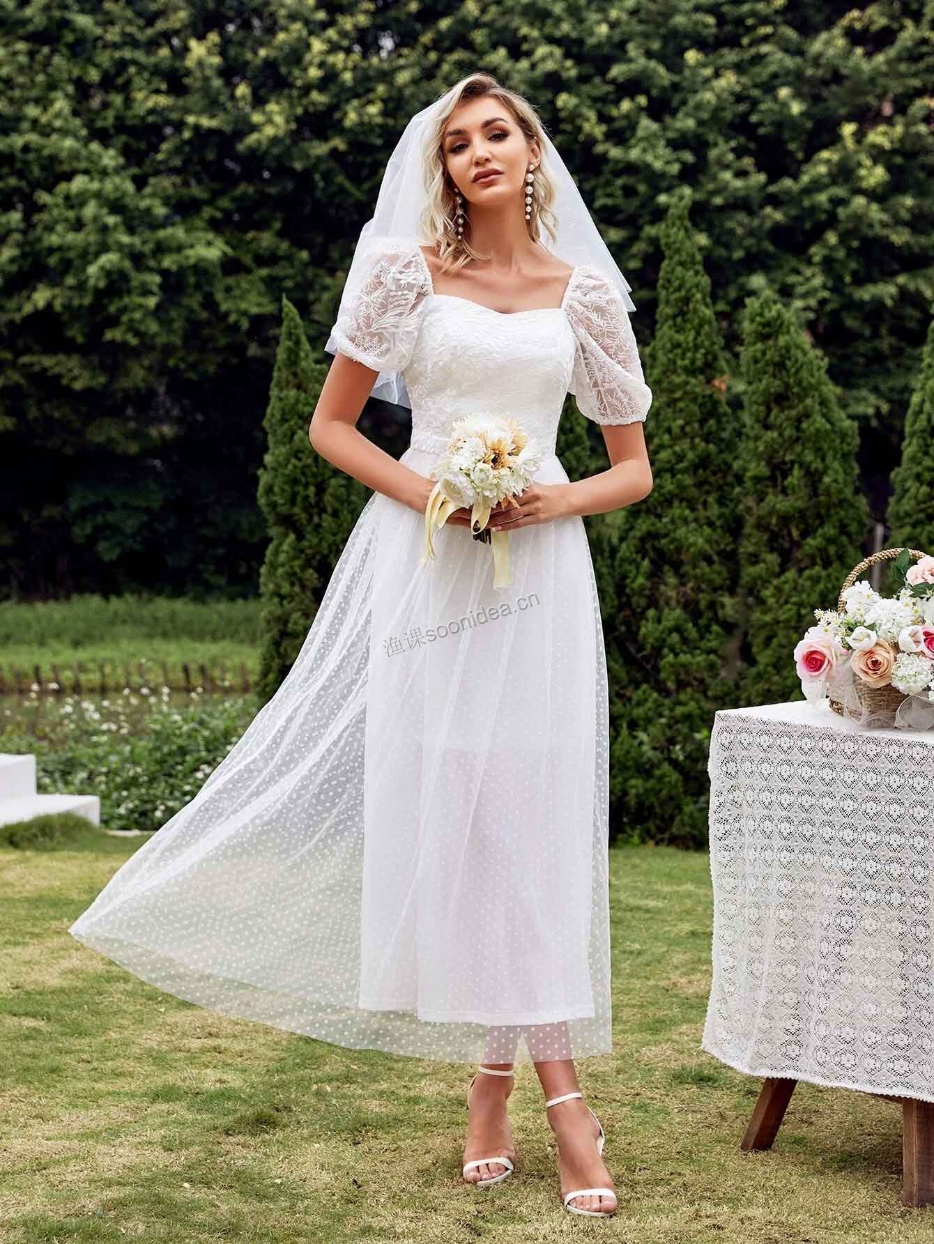 Swiss Dot Contrast Lace Mesh Wedding Dress