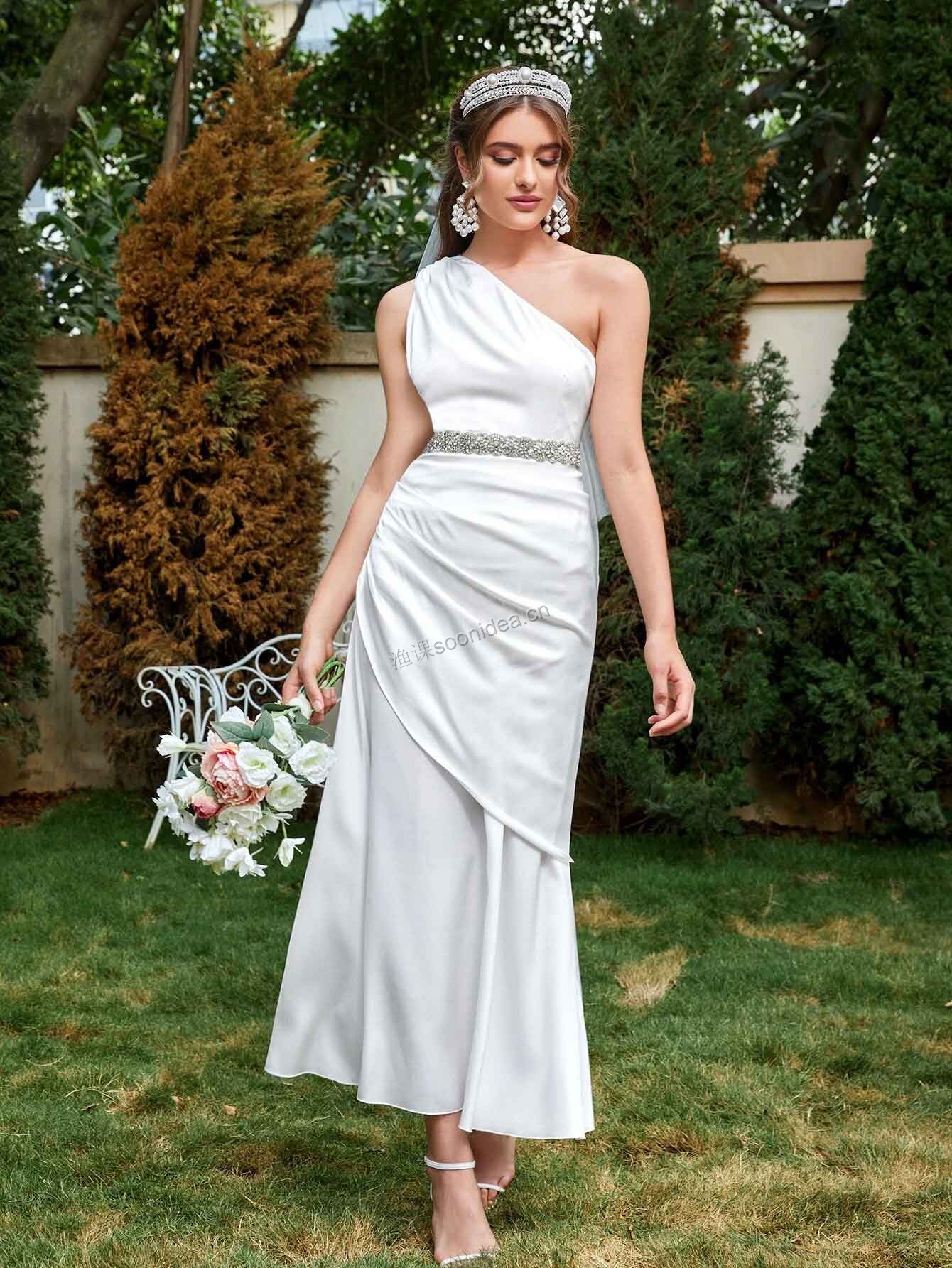 One Shoulder Wedding Dress Without Belt & Veil