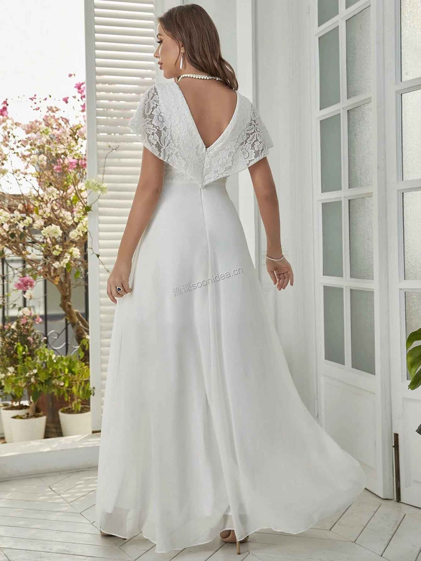 Contrast Lace V-neck Maxi Wedding Dress 