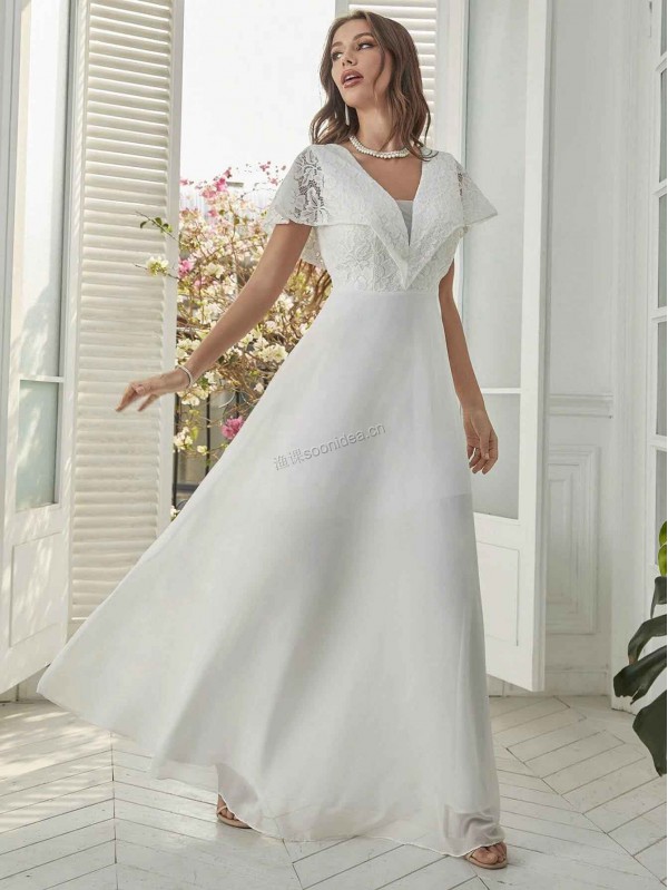 Contrast Lace V-neck Maxi Wedding Dress