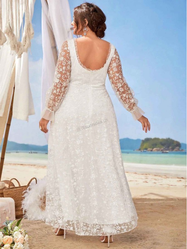Plus Floral Embroidery Mesh Flounce Sleeve Frill Trim Wedding Dress 