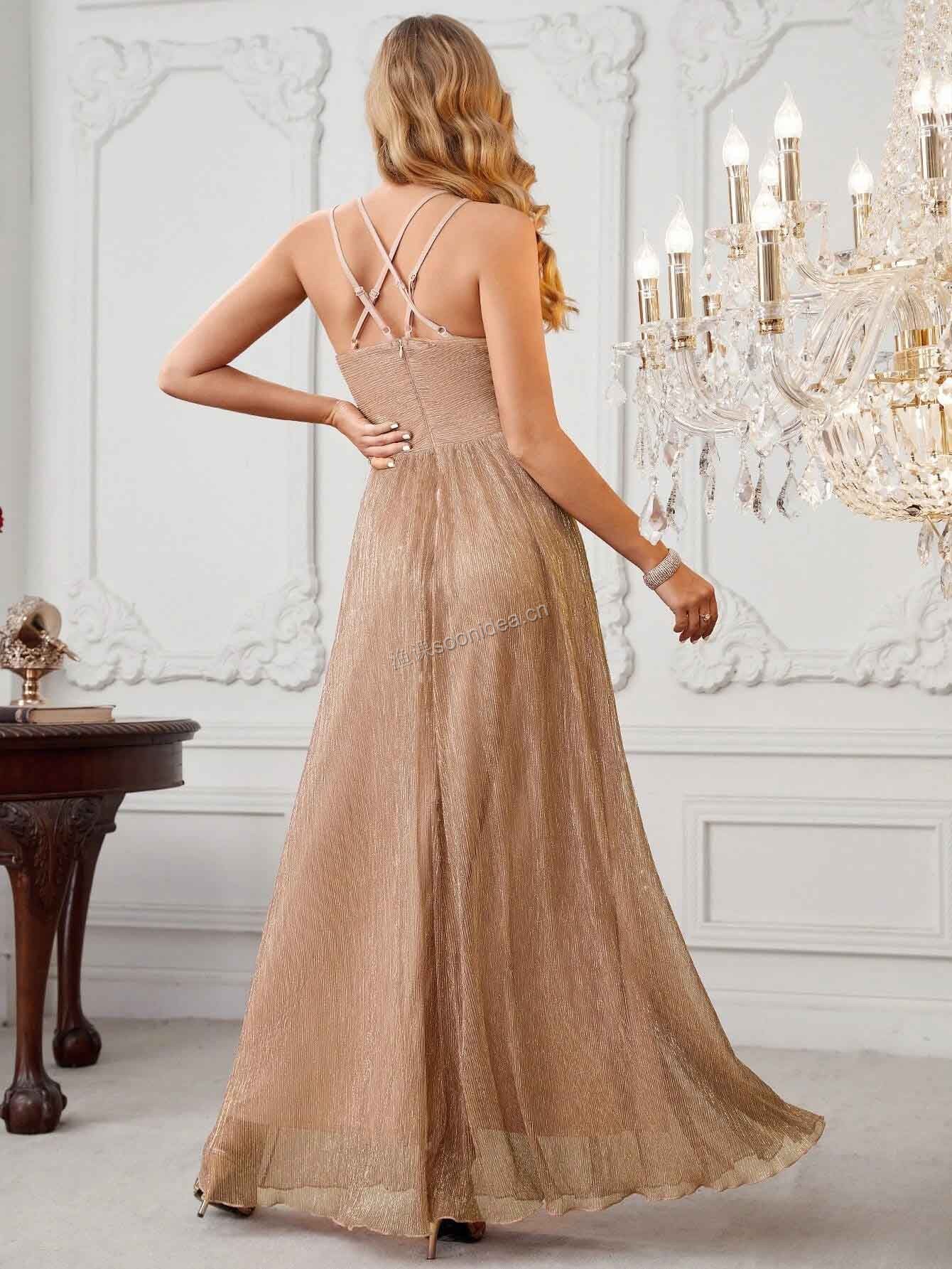 Metallic Criss Cross Back Maxi Bridesmaid Dress 