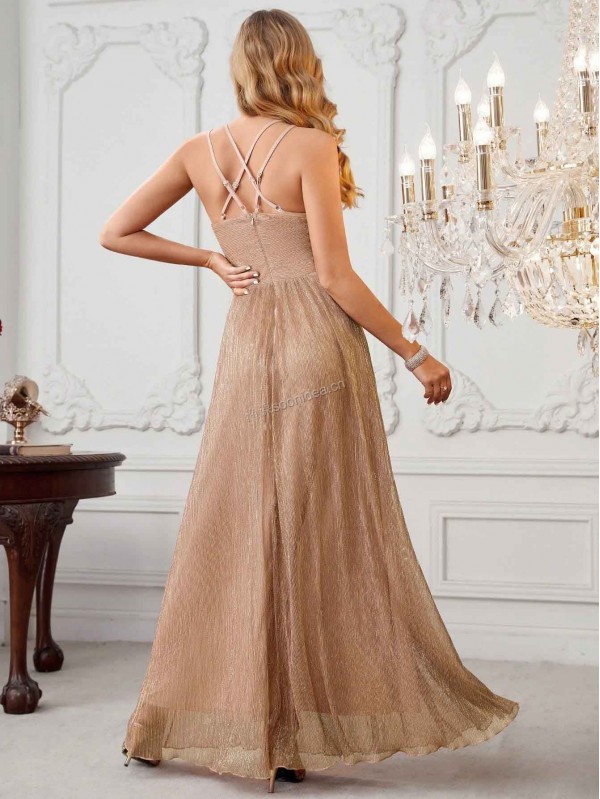 Metallic Criss Cross Back Maxi Bridesmaid Dress