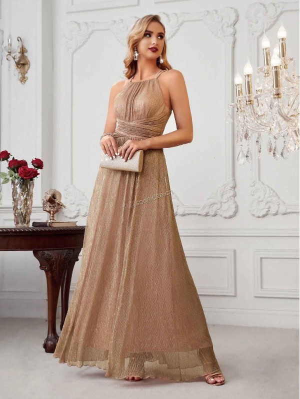 Metallic Criss Cross Back Maxi Bridesmaid Dress