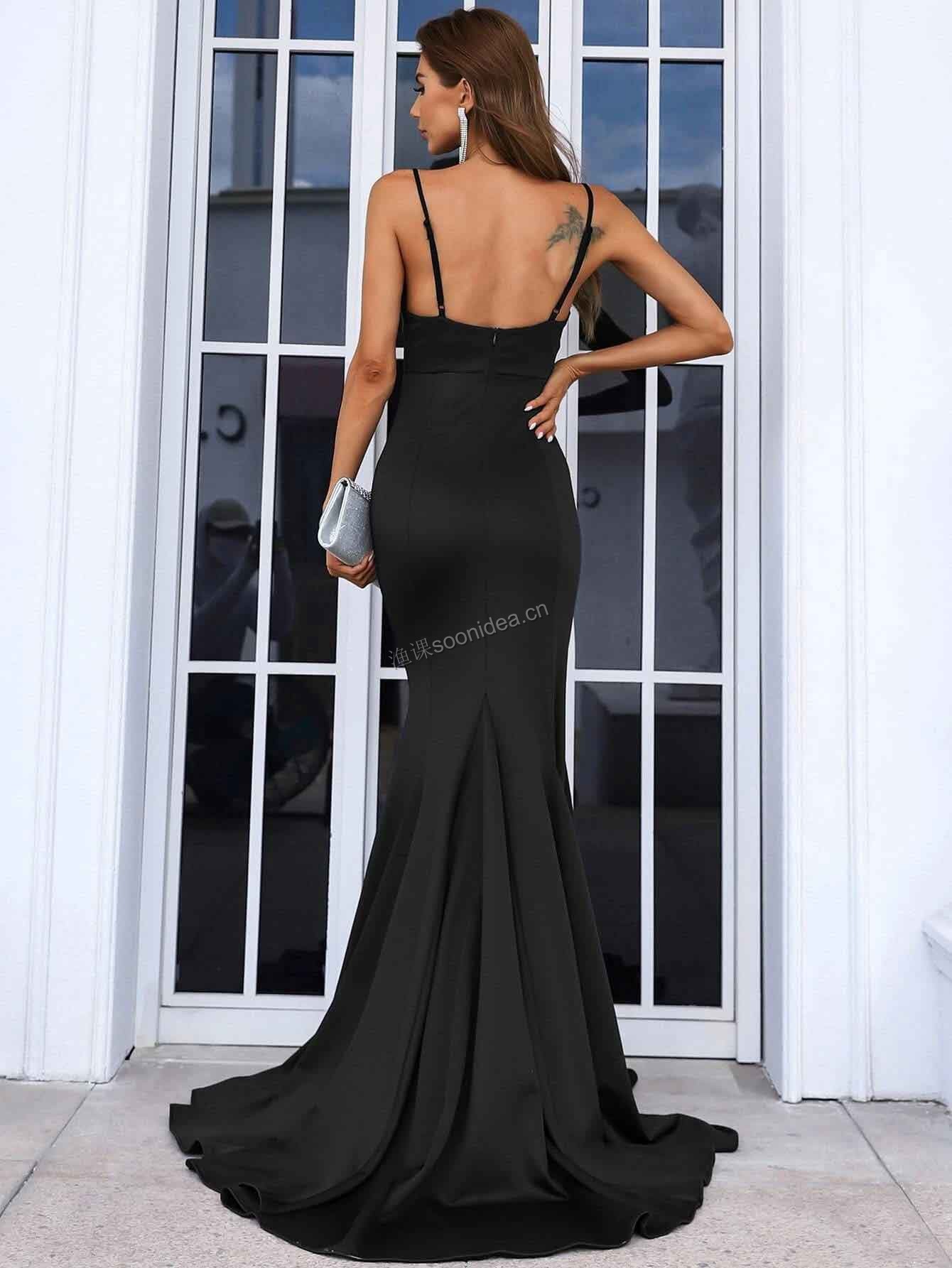 Sequin Insert Draped Collar Mermaid Hem Floor Length Formal Dress 
