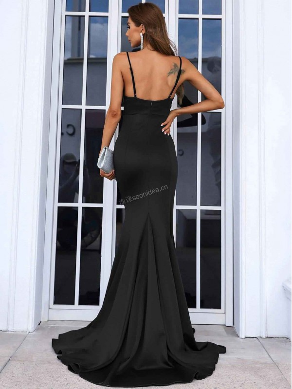 Sequin Insert Draped Collar Mermaid Hem Floor Length Formal Dress