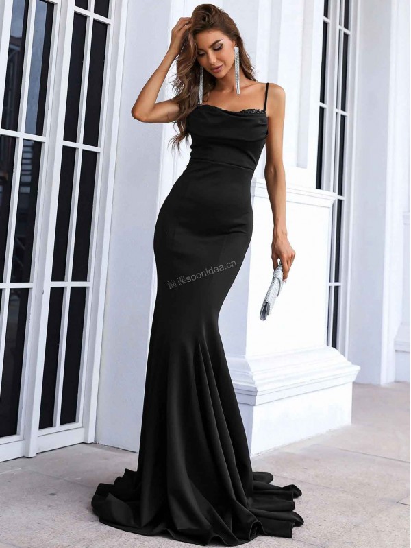 Sequin Insert Draped Collar Mermaid Hem Floor Length Formal Dress