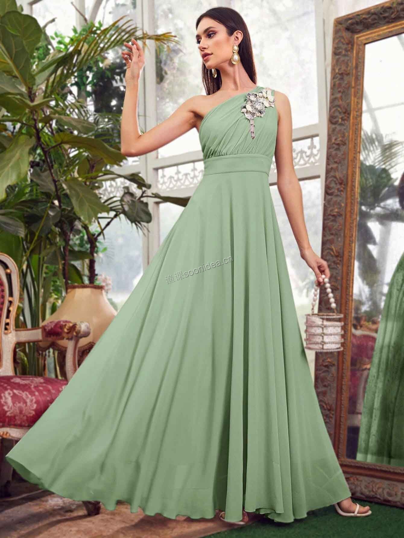 One Shoulder Applique Detail Flare Hem Dress