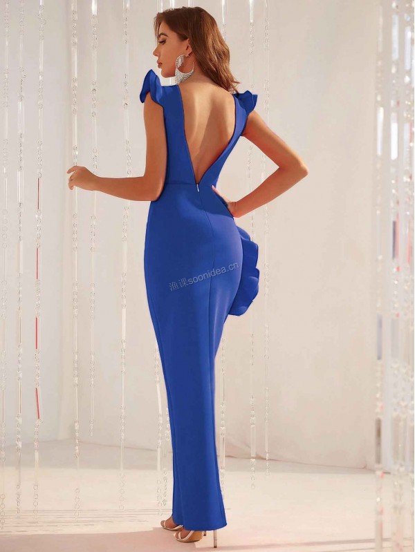 Low Back Split Thigh Ruffle Trim Formal Dress