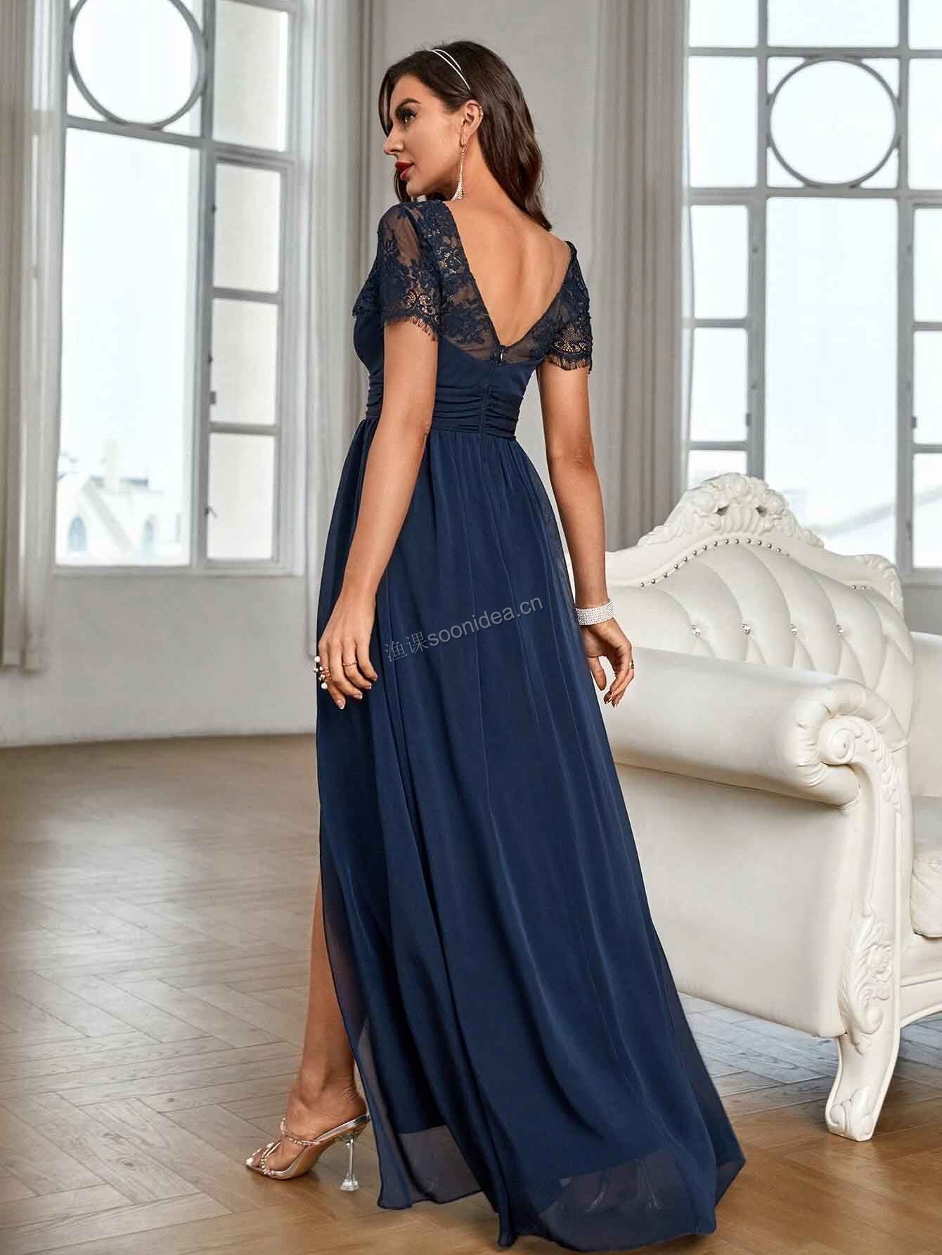 Lace Insert Sweetheart Neck Split Thigh Chiffon Bridesmaid Dress 