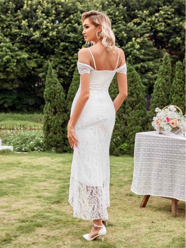 Cold Shoulder Tulip Hem Lace Wedding Dress
