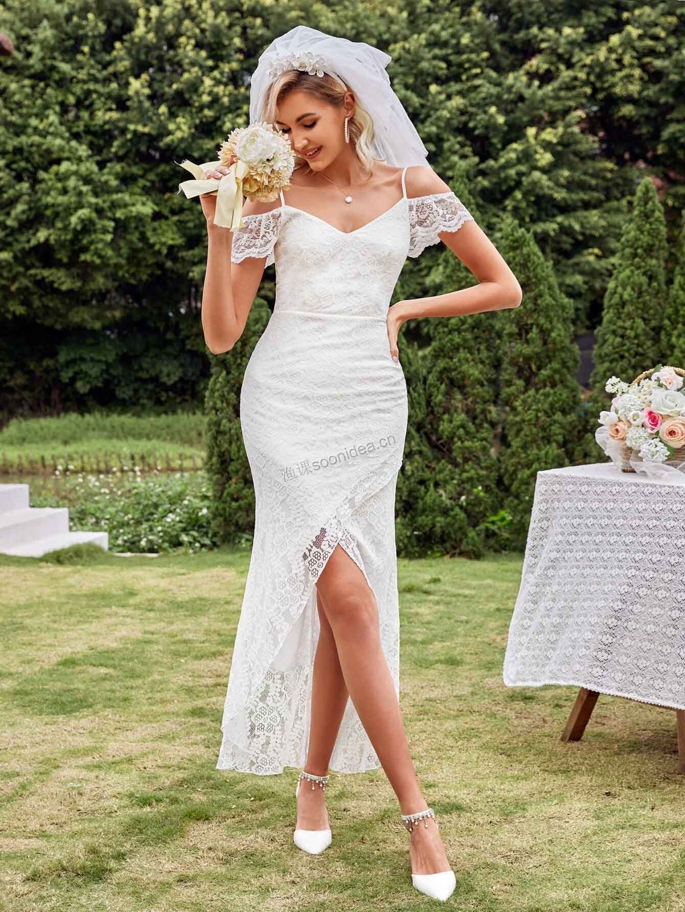 Cold Shoulder Tulip Hem Lace Wedding Dress