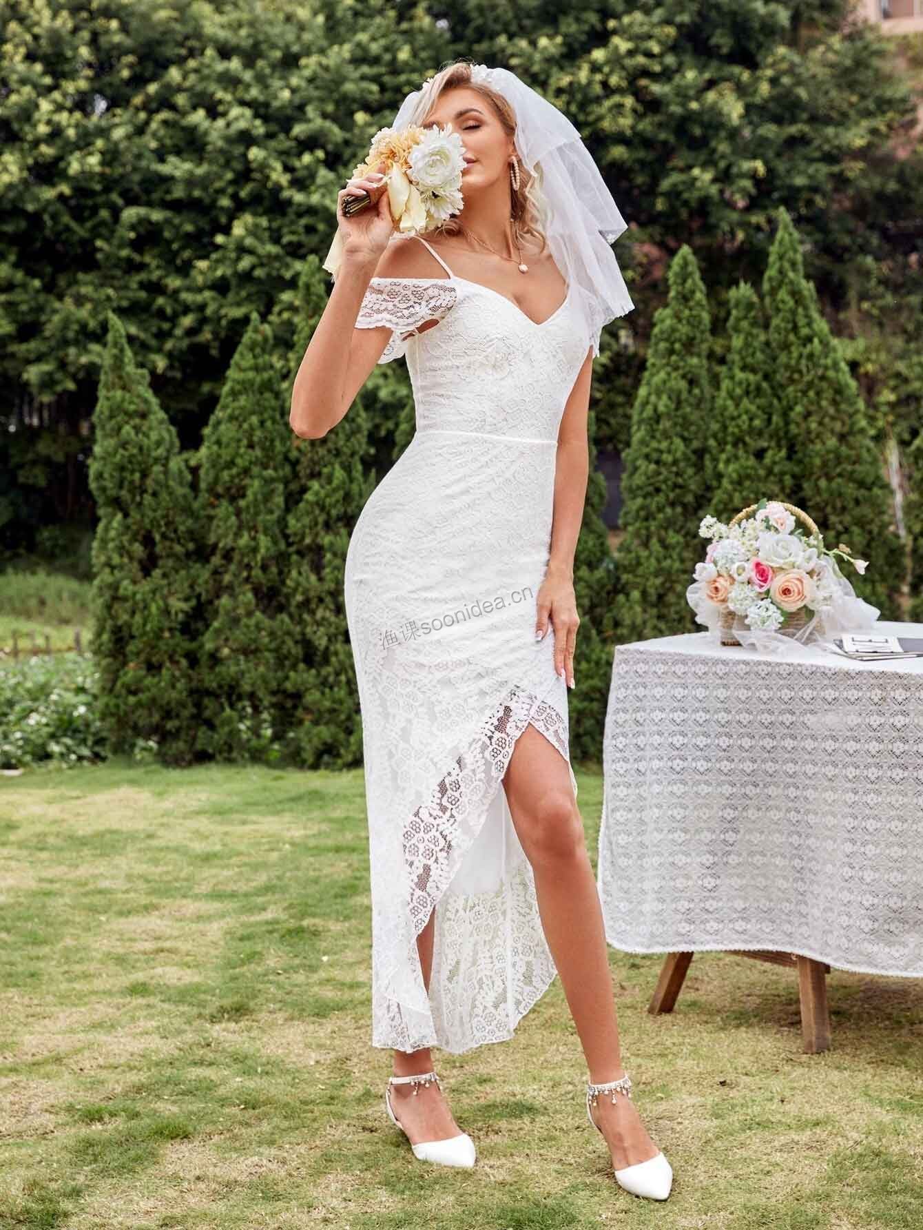Cold Shoulder Tulip Hem Lace Wedding Dress 